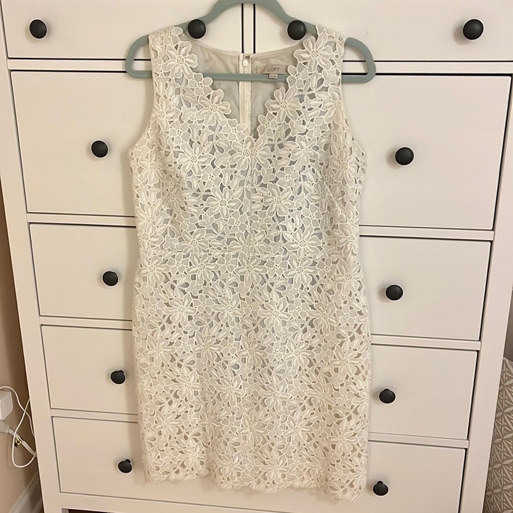 LOFT White Lace Dress with Powder Blue Underlay